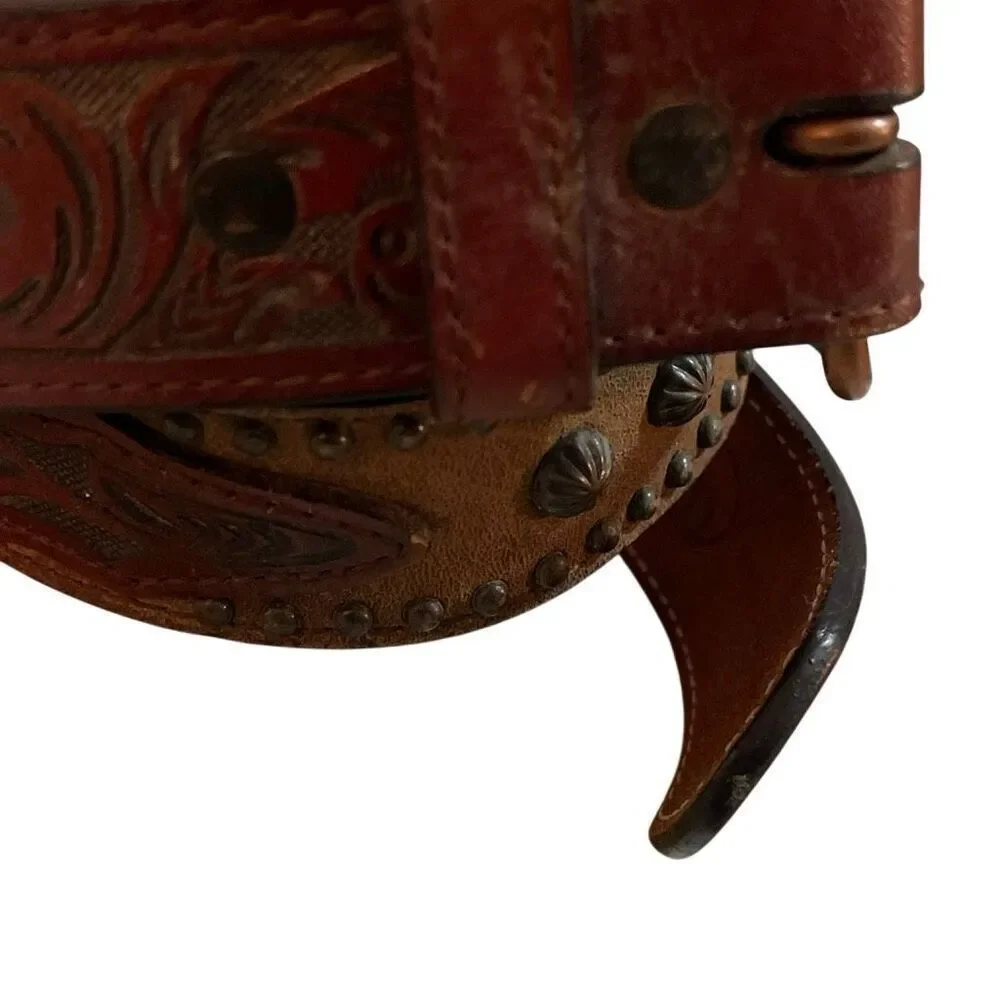 3D Belt Vintage Kids Leather Hand Tooled/Studded Copper Buckle Belt
